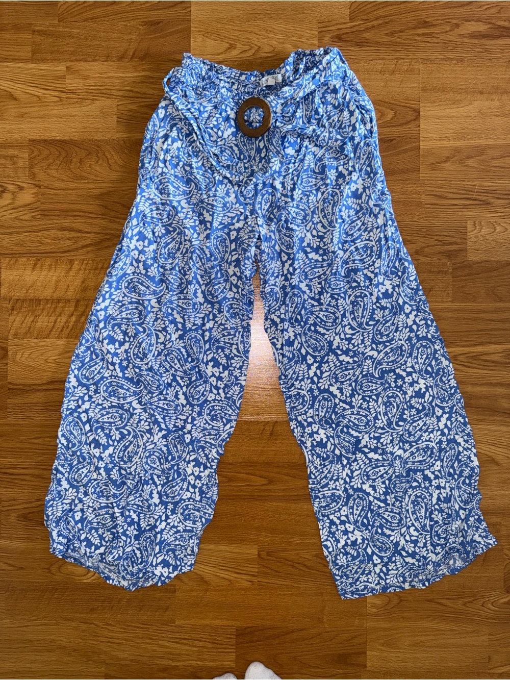 Patrons of Peace Blue and White Paisley Wide-Leg Pants with Wooden Ring